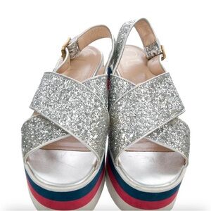 Gucci Silver Glitter Crisscross Platform Sandals - Women's